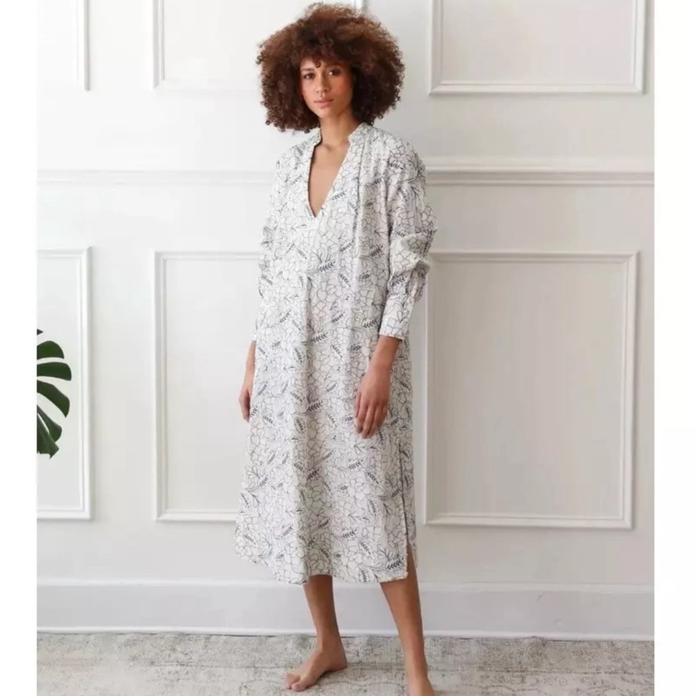 Mille Esther Maxi Dress - Cotton Caftan Puff Sleeves Embroidered Floral EUC